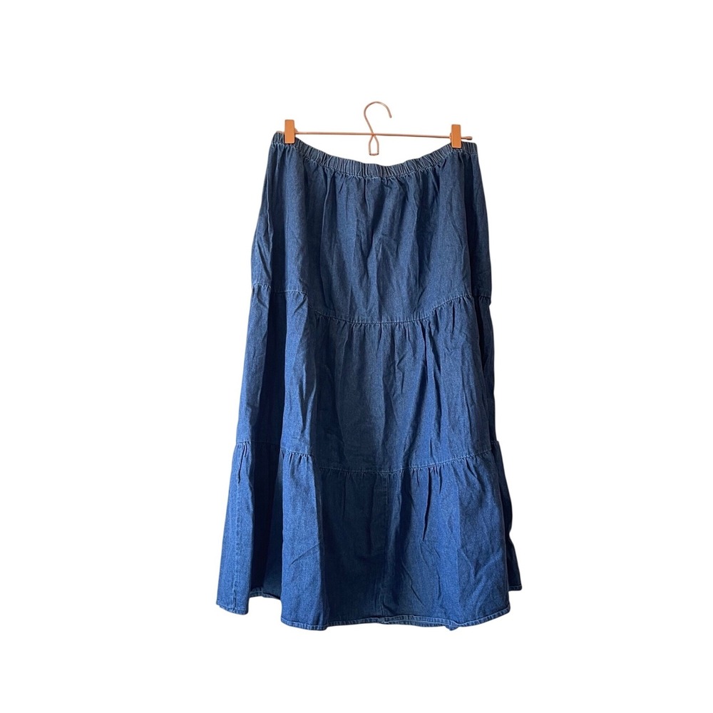 CW Classics Blue Denim Tiered Midi Skirt Elastic Waist 100% Cotton Plus Size 1X